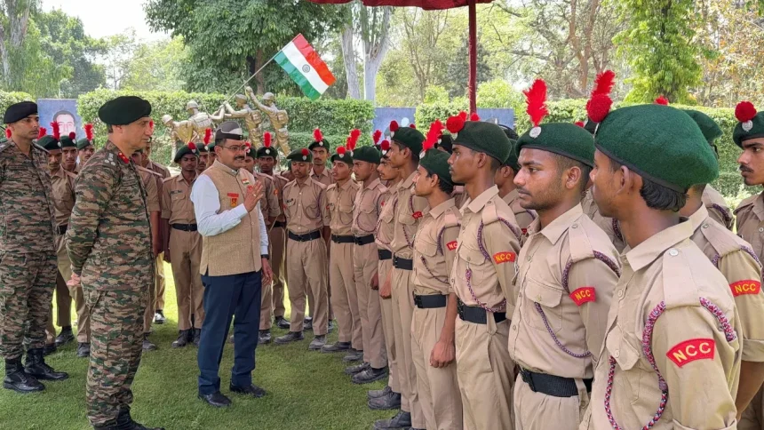 Sub Maj Hony Capt Yogendra Singh Yadav Talking with NCC Cadets