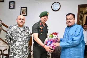 Maj Gen Vivek Tyagi with Nitin Gadkari