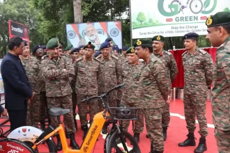 Lt Gen Rajesh Pushkar Reviewing Smart Bike