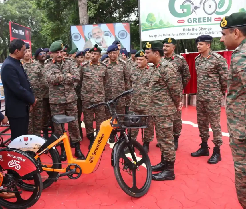 Lt Gen Rajesh Pushkar Reviewing Smart Bike